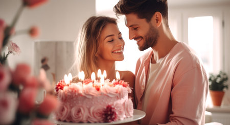 Smiling couple with a birthday cake adorned with lit candles.の素材