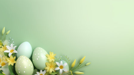 Frame background with Easter painted Eggs with flowers on light green background. Banner with copy space. Great for Easter promotion, spring event, holiday greeting, advertisementの素材