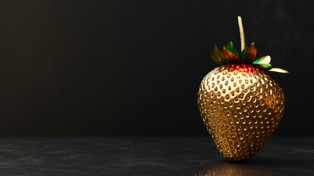 Golden strawberry made of gold with elegant design, on dark backdrop. Ideal for marketing high-end products or services, epitomizes luxury and sophistication. Jewelry fruit. Banner with copy spaceの素材