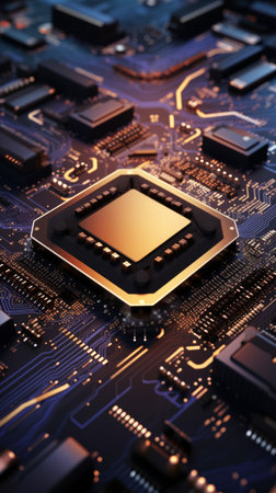 Detailed view of circuit board with multiple chips and glowing lights. Useful for for tech industry marketing and educational content. Vertical formatの素材