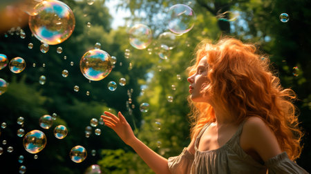 A young woman with curly hair surrounded by soap bubbles. Can be used in lifestyle, beauty campaigns, personal care ads. Concept of joy, carefreeness, natural allureの素材