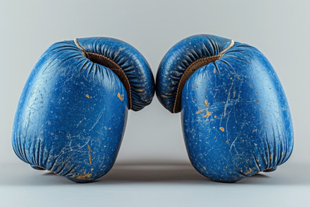 Pair of blue boxing gloves on light background. Concept of boxing equipment, combat sports gear, training accessory, and worn athletic items.の素材