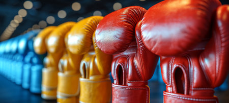 Close up of red, yellow, and blue boxing gloves in a row. Blurred background. Conveys readiness for physical training. Concept of Sports, Competition, Fitness.の素材