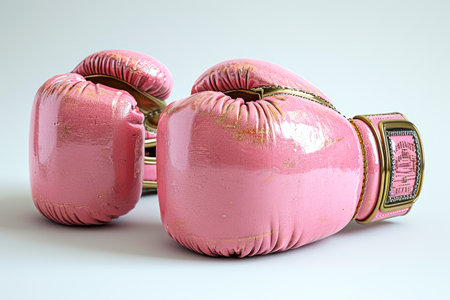 Stylish Pink boxing gloves with gold accents on a white background. Concept of femininity in sports, fashionable athletic equipment, and the blend of style with function.の素材