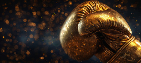 Luxurious Golden boxing glove with a shimmering effect on sparkling bokeh background. Concept of victory and success in sports, the glamour of athletic achievement, and the brilliance of competition.の素材