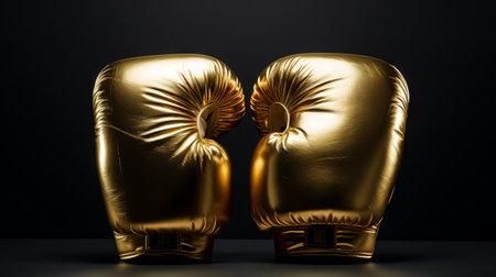A pair of golden boxing gloves, reflecting light against a dark background. Concept of victory and success in sports, excellence and prestige in combat sports, the allure of high-end sports equipmentの素材