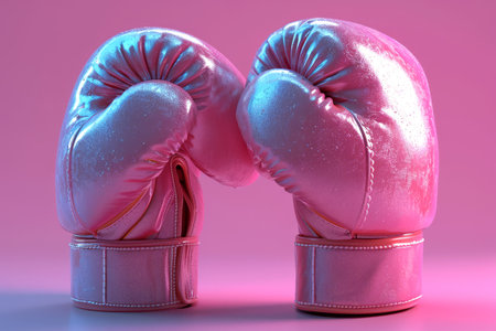 Stylish Pink boxing gloves on a pink background. Concept of femininity in sports, fashionable athletic equipment, and the blend of style with function.の素材