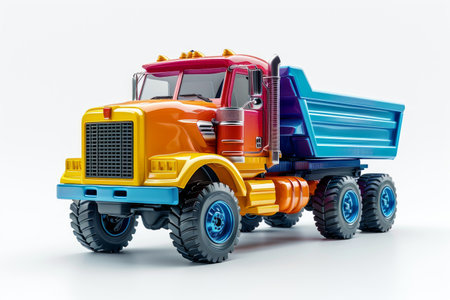 Colorful toy truck isolated on a white background. Side view. Cartoonish fantastic childrens car. Concept of kids toys, playful designs, transport-themed playthings, and bright colorsの素材