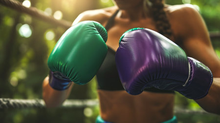 Female Boxer wearing green and purple boxing gloves, ready to strike in ring. Concept of readiness, sports challenge, and the contrast of competition.の素材
