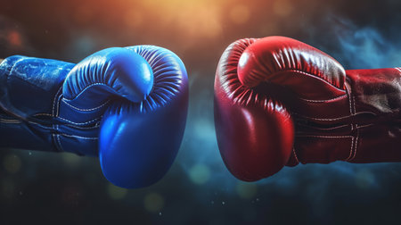 Impact moment between red and blue boxing gloves, dynamic moment. Fist bump. Concept of competition, opposing forces, training, sport competition, and the dynamic nature of boxing.の素材