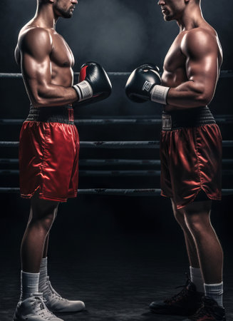 Two male boxers facing off, intense pre-fight atmosphere. Opposing fighters in boxing gear, concentrated and ready to spar. Concept of competition, athletic challenge, and mental preparation in sports.の素材