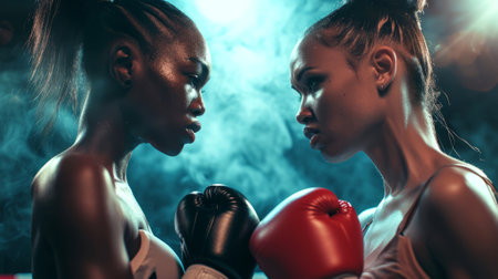 Two African American female boxers in close confrontation. Intense pre-fight stare down between athletes, ready to box. Concept of anticipation, diversity in sports, psychological aspect of boxing.の素材