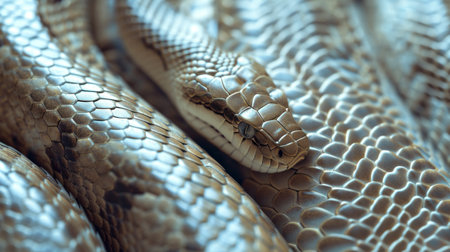 Snake skin textured background. Reptile scales. Concepts of texture, luxury materials, exotic leather, detailed close up, wildlife, and natural patterns.の素材