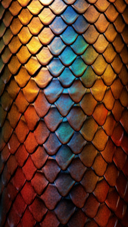 Colorful Snake skin textured background. Lizard, reptile scales. Concepts of texture, fantasy textures, iridescence, rainbow backdrop, vibrant patterns. Verticalの素材