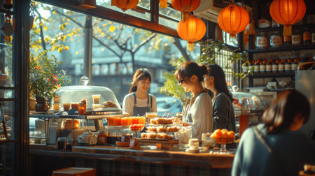 A casual lifestyle scene of friends sharing a variety of Eastern sweets at a cozy cafe decorated with hanging lanterns. Concept of socializing, cafe culture, casual dining, and friendly atmosphere.の素材