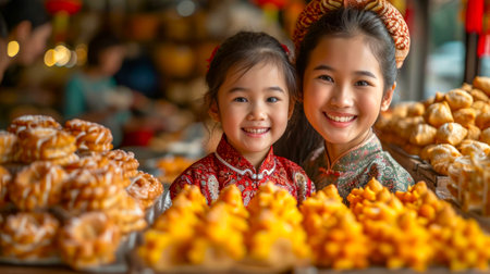 Two Asian young girls smiles in front of a display of pastries. Concept of childhood joy, bakery delights, sweet tooth moments, and playful innocence.の素材