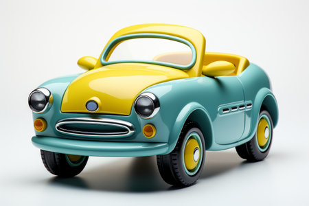 Futuristic green toy car isolated on a white background. Cartoonish vehicle designed for children. Concept of kids friendly toys, playful designs, transport-themed playthings, and bright colorsの素材