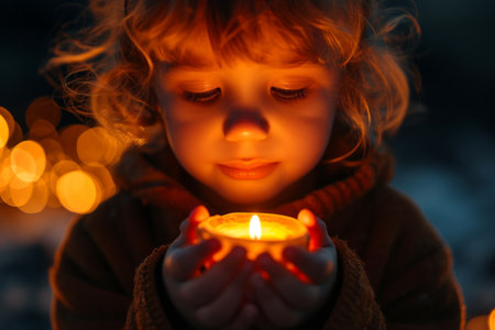 Kid holding in hands glowing candle with blurred bokeh background. Magical atmosphere. Suitable for holiday themes, Easter celebrations, religious, spiritual content, or candle safety awareness.の素材