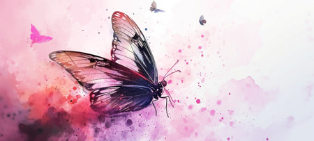 Watercolor illustration of butterfly on vibrant pink background. Banner with copy space. The concept of delicate beauty of nature.の素材
