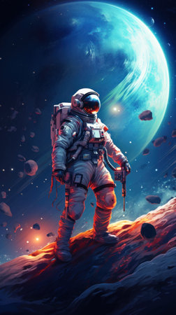 Astronaut in a white spacesuit in Space. Spaceman stands on rocky terrain with a large planet and stars in the background in cosmos. Fantasy conceptの素材