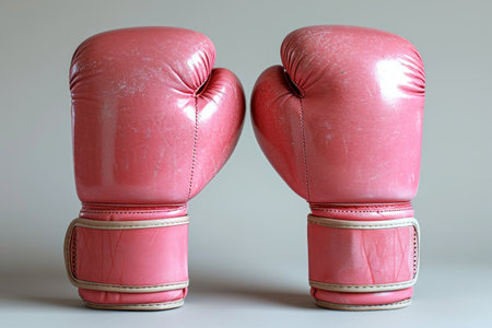 Stylish Pink boxing gloves on a light background. Concept of femininity in sports, fashionable athletic equipment, and the blend of style with function.の素材