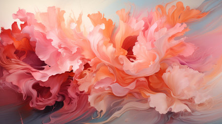 Strokes of oil paint. Wavy patterns of pink, peach and white resembling floral abstract art. Concept of fluid art, pastel backdrop, artistic swirls.の素材