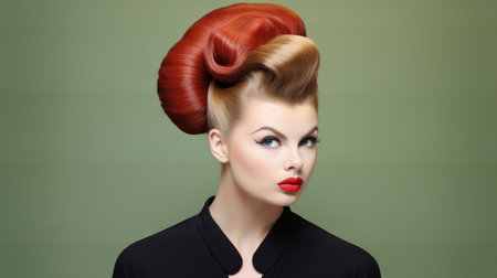 Beautiful Woman with styled hair with victory rolls in vintage fashion style. For use in beauty tutorials, retro fashion spreads, hair styling guides, and makeup artistry.の素材