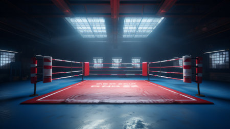 Empty lit boxing ring in a dark, spacious arena. Atmosphere is intense and anticipatory. Concept of Boxing Matches, Training Sessions, Sports Events, Competition, Combat Sportsの素材