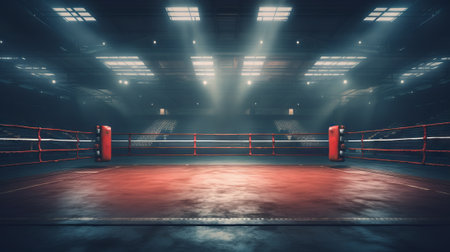 Illuminated boxing ring with blue and red corners under spotlights. Concept of sports, competition, boxing, combat sports, training Sessionsの素材