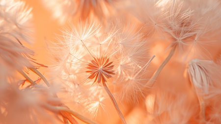 Dandelion fluff with trendy pastel Peach colors. Abstract fashionable background. Concept of delicate beautiful backdrop, serene and calmness, warm orange hue, natures patterns, dandelion seedsの素材
