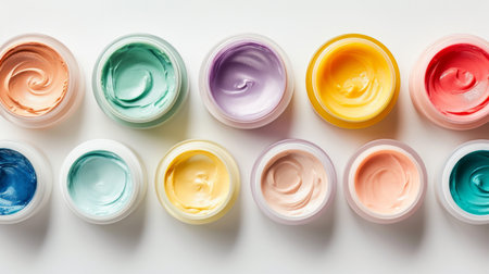 Assorted skincare cream jars, colorful beauty treatment products, cosmetic texture display. Top view. White background. Concept of skin care variety, beauty assortment, organic facial and body creamsの素材