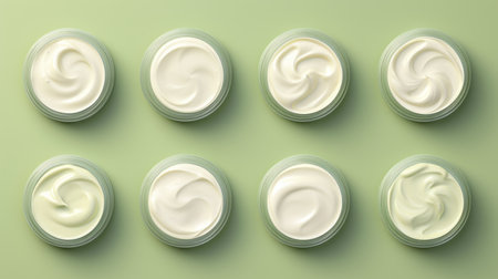 Variety of organic cosmetic creams for skin care in open jars on natural green background. Top view. Concept of skincare variety, cosmetics assortment, and beauty product display.の素材
