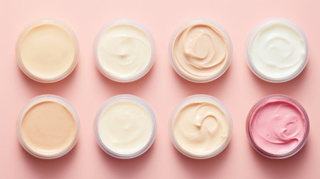 Variety of organic cosmetic creams for skin care in open jars on a pink background. Top view. Concept of skincare variety, cosmetics assortment, and beauty product display.の素材