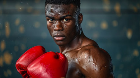 African American boxer with red gloves and intense gaze geared up for boxing. Concept of athletic determination, combat sports, focused training, and boxing discipline.の素材