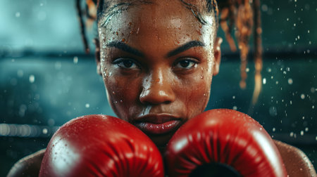 African American confident female boxer with red boxing gloves in boxing ring. Close up. Concept of female strength, combat training, and athletic discipline.の素材