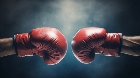 Impact moment between two boxing gloves. Fist bump. Concept of competition, opposing forces, training, sport competition, and the dynamic nature of boxing.の素材