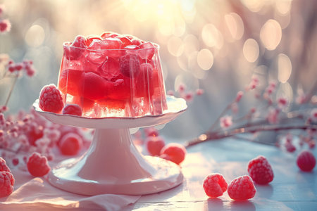Red jelly adorned with raspberries. Sweet fruit dessert. For use in culinary websites, food blogs, catering services, recipe books, and dessert menus. Light background. With copy space.の素材