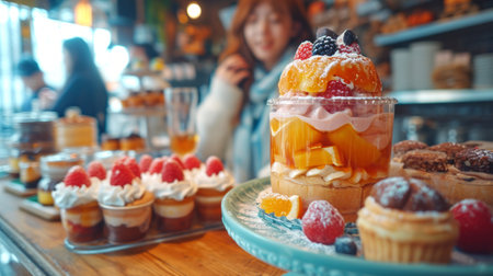 Assorted colorful Eastern desserts at a cafe counter. Concept of dessert variety, cafe treats, confectionery display, and sweet indulgence. Eastern sweets.の素材