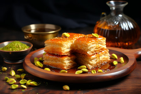 Baklava with pistachios and honey on wooden plate. Dark background. Concept of Mediterranean dessert, sweet pastry indulgence, oriental sweets, and traditional gourmet treat.の素材