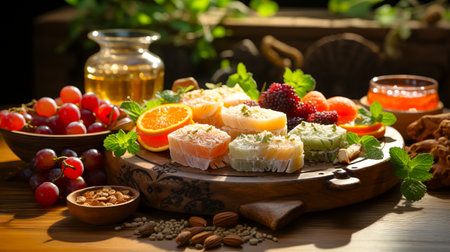 Eastern sweets made with organic ingredients, presented on a wooden table with natural light, emphasizing a healthy and eco-friendly vibe.の素材