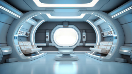 Futuristic spacecraft interior in a minimalist style. Concept of space travel, future technology, exploration, cosmic living, and Earth observation.の素材