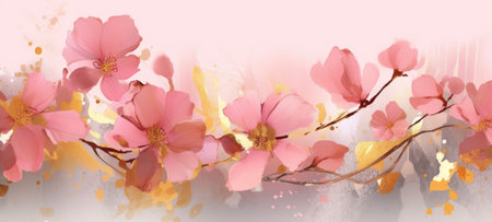 Wide format digital artwork of pink flowers with gold leaves and specks on a soft background. Concept of floral panorama, aquarelle elegance, pink bloom serenity, golden harmony. Copy spaceの素材