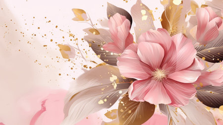 Pink sakura flowers with golden leaves and sparkles. Abstract watercolor background. Floral art. Copy space. Minimalist design for greeting card, wedding invitation, packaging, print, decorationの素材