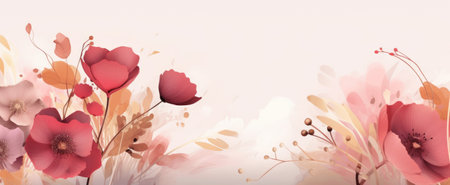 Wide format digital artwork of pink flowers with gold leaves and specks on a soft background. Concept of floral panorama, aquarelle elegance, pink bloom serenity, golden harmony. Copy spaceの素材