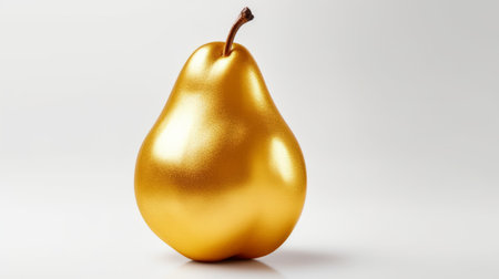 Golden pear made of gold on a white background. Ideal for minimalist design or premium product illustration, emphasizing value and elegance. Jewelry fruit. Banner with copy spaceの素材