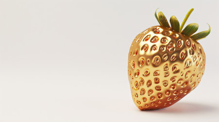 Golden strawberry made of gold with elegant design on white backdrop. Ideal for marketing high-end products or services, epitomizes luxury and sophistication. Jewelry fruit. Banner with copy spaceの素材