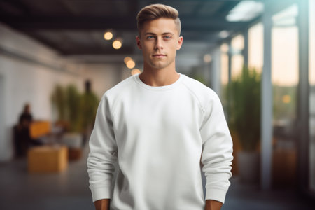 Handsome man wearing a clean white sweatshirt. On a light blurred background. Indoors. Sweatshirt Mockup. Concept of urban fashion, street style, template for designの素材