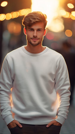 Man wearing clean white sweatshirt. On a light blurred background. Outdoors. Sweatshirt Mockup. Concept of urban fashion, street style, template for design. Vertical formatの素材