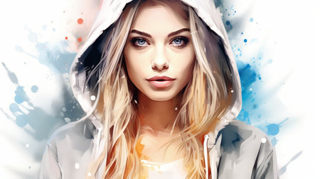 Watercolor illustration of young blonde woman with blue eyes in white hood. On a background of aquarelle splashes. Concept of modern youth fashion, casual style, artistic painting.の素材