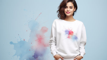 Young woman in white sweatshirt with abstract watercolor print, light blue backdrop with colorful ink splash. Copy space. Concept of fashionable streetwear, watercolor art, youthful expression.の素材